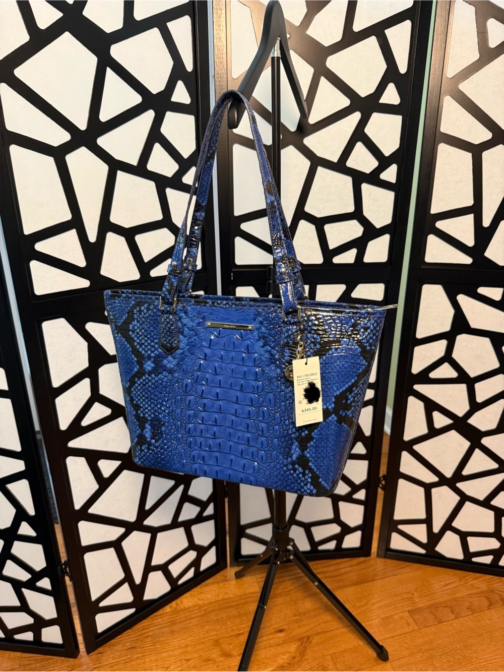 Brahmin Blue and Black Python-Embossed Leather Shoulder Bag
